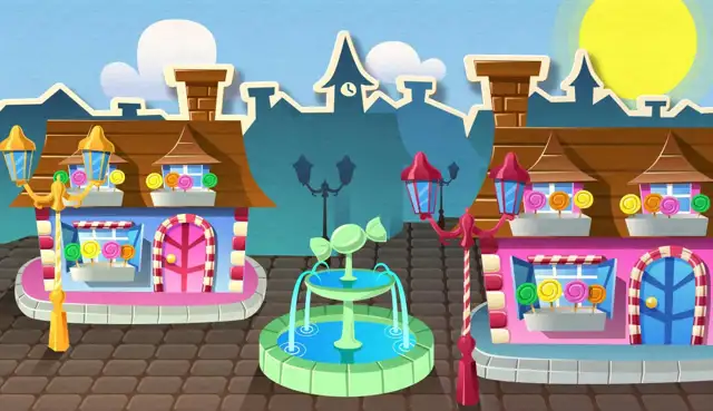 Cenário colorido do universo de Candy Crush Saga, com casas feitas de doces e fonte no centro